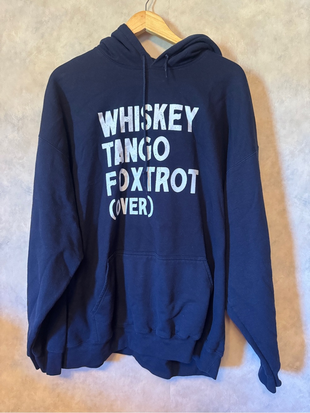 Gildan Navy Hoodie with White "WHISKEY TANGO FOXTROT (OVER)" Graphic